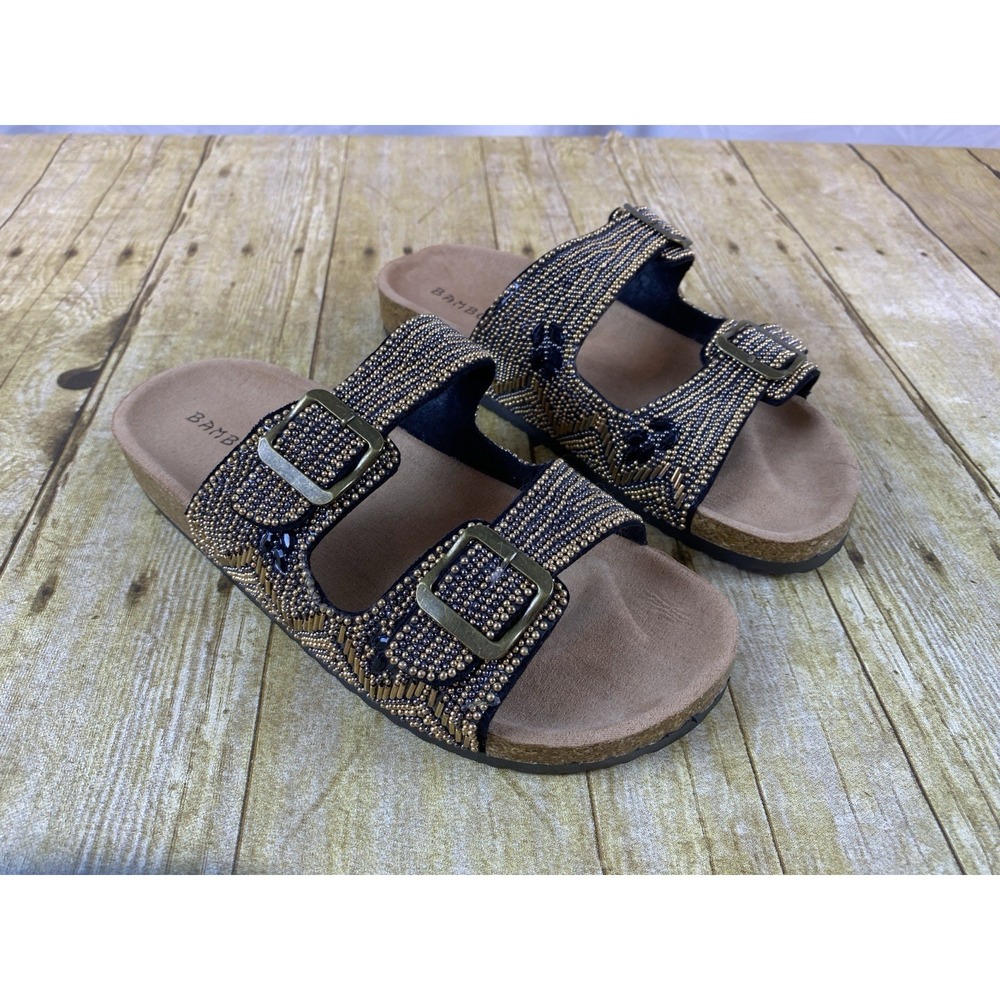 New‎ Fashion Nova Alina Beaded Flat Sandals Gold Black Women's Size 8